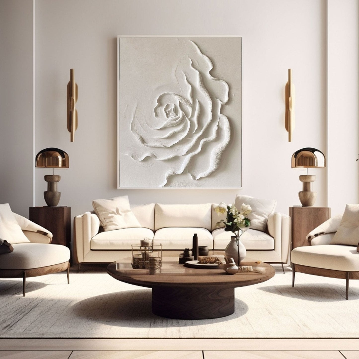 a modern and elegant living room with a large white floral artwork on the wall, a wooden coffee table, two white armchairs, and two side tables with lamps.
