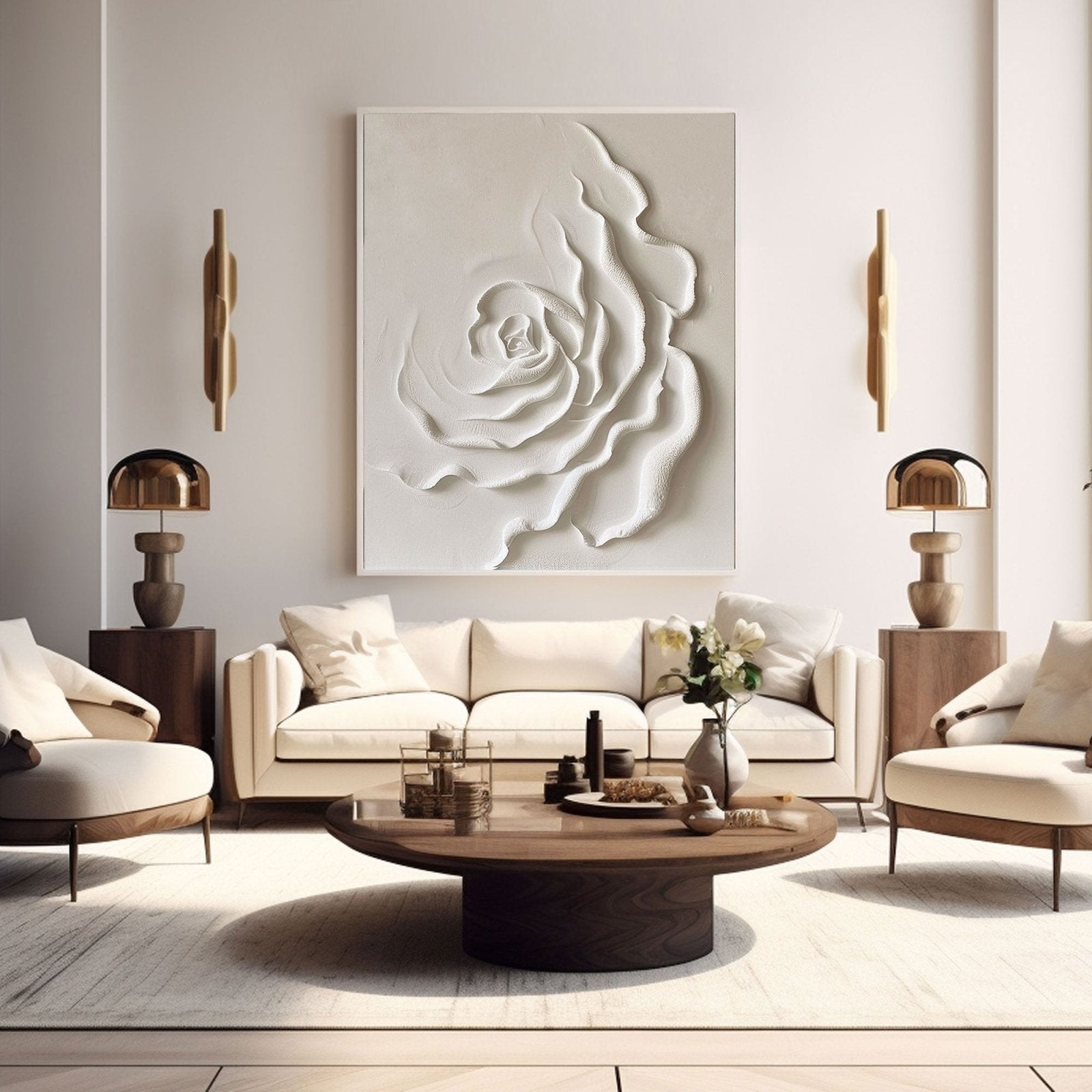 a modern and elegant living room with a large white floral artwork on the wall, a wooden coffee table, two white armchairs, and two side tables with lamps.