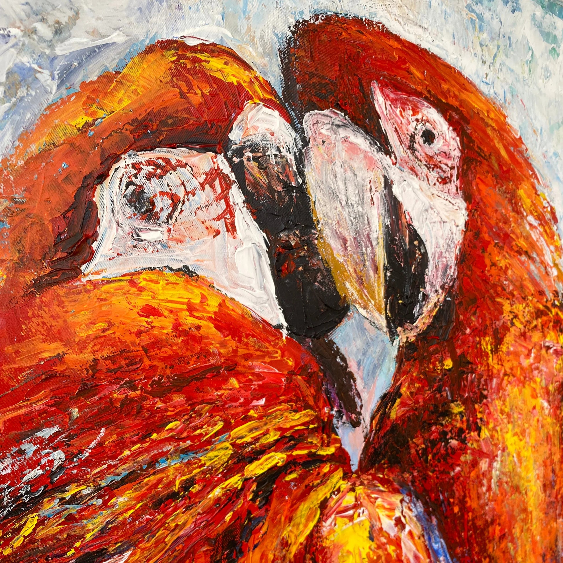 The image is a vibrant, colorful painting depicting two parrots, with bold brushstrokes and a lively, energetic composition.