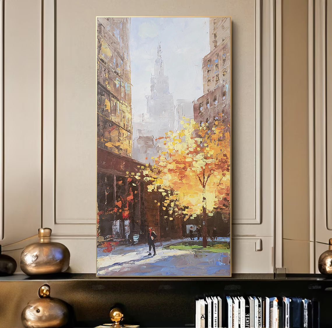 a painting of a man walking down a city street