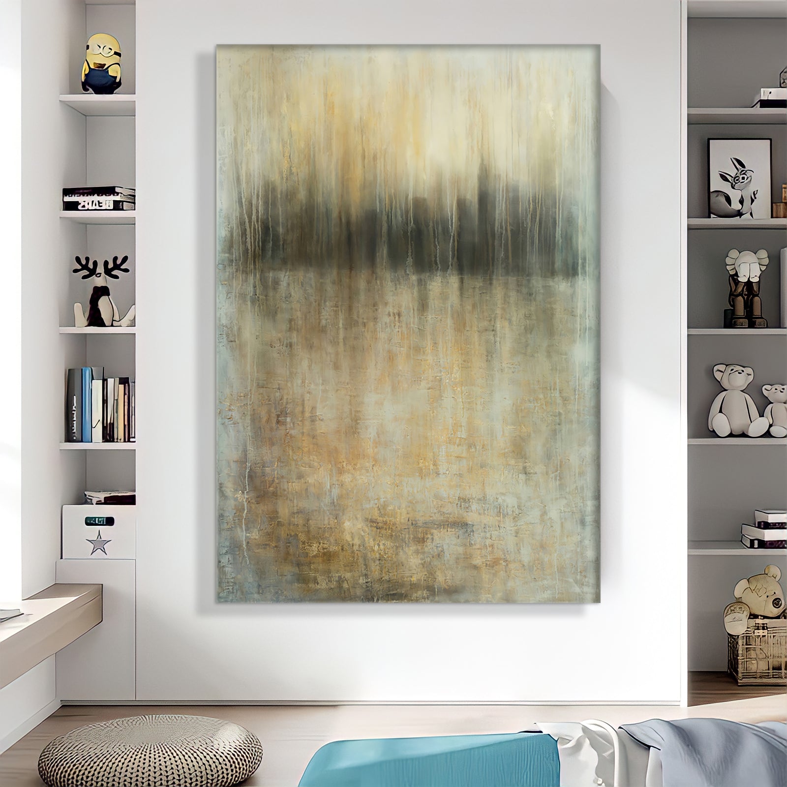 a painting hanging on a wall in a living room