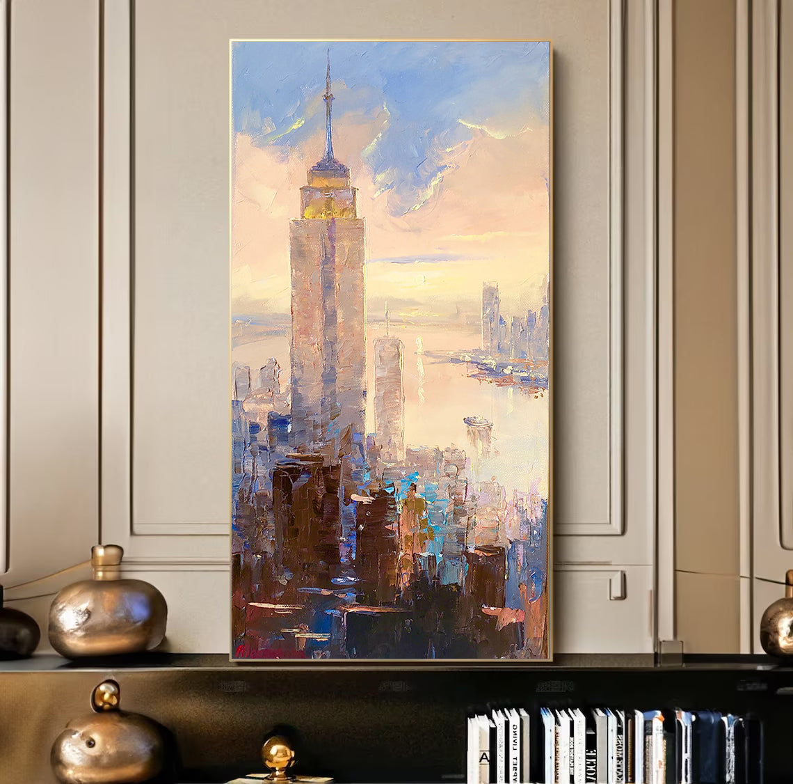 a painting of a cityscape on a wall