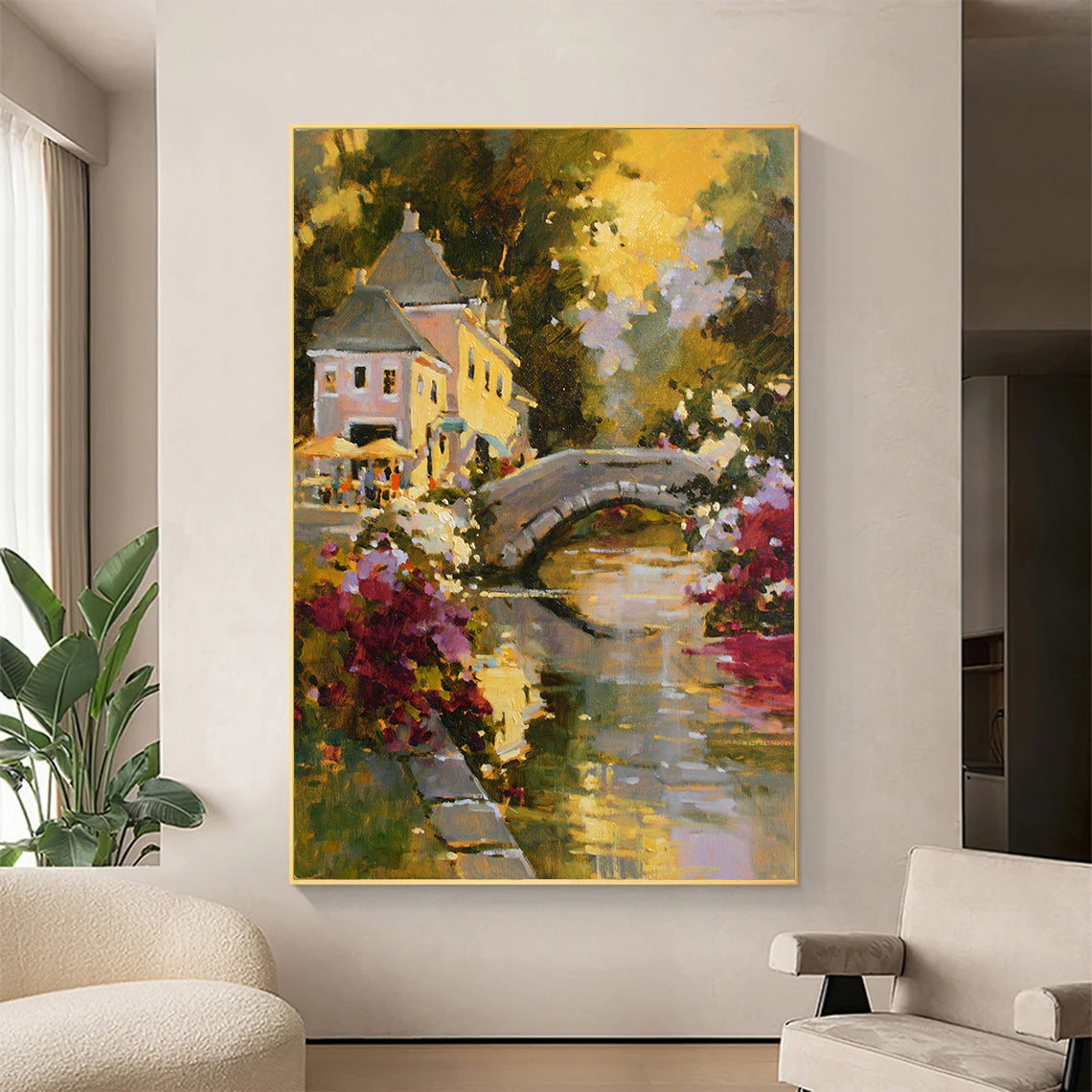 a painting of a bridge over a river in a living room