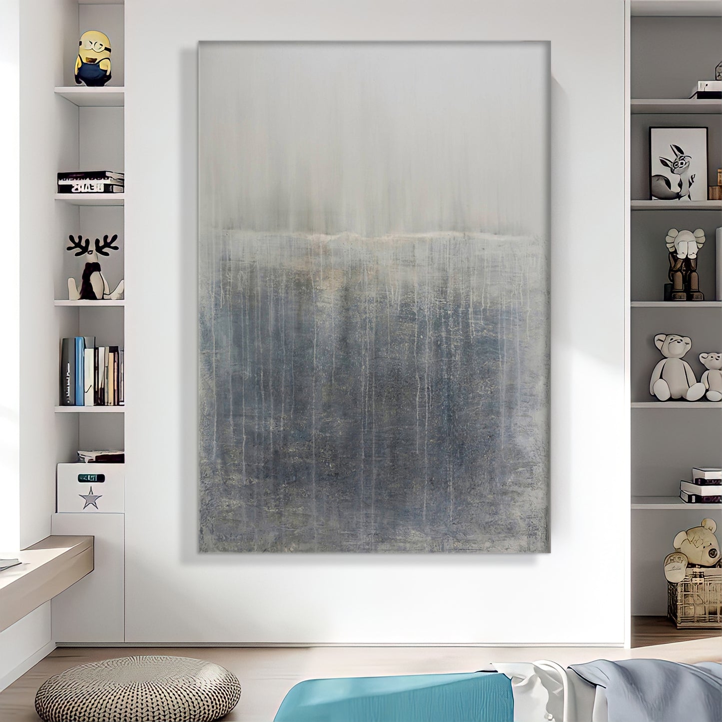 a large painting hanging on a wall in a room