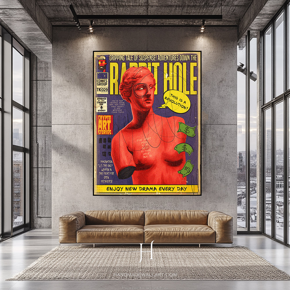 a living room with a couch and a poster on the wall