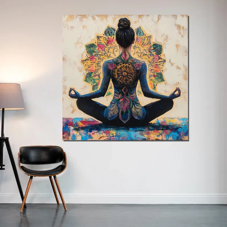 a large painting of a woman in a meditative pose, with a colorful and intricate design around her back.