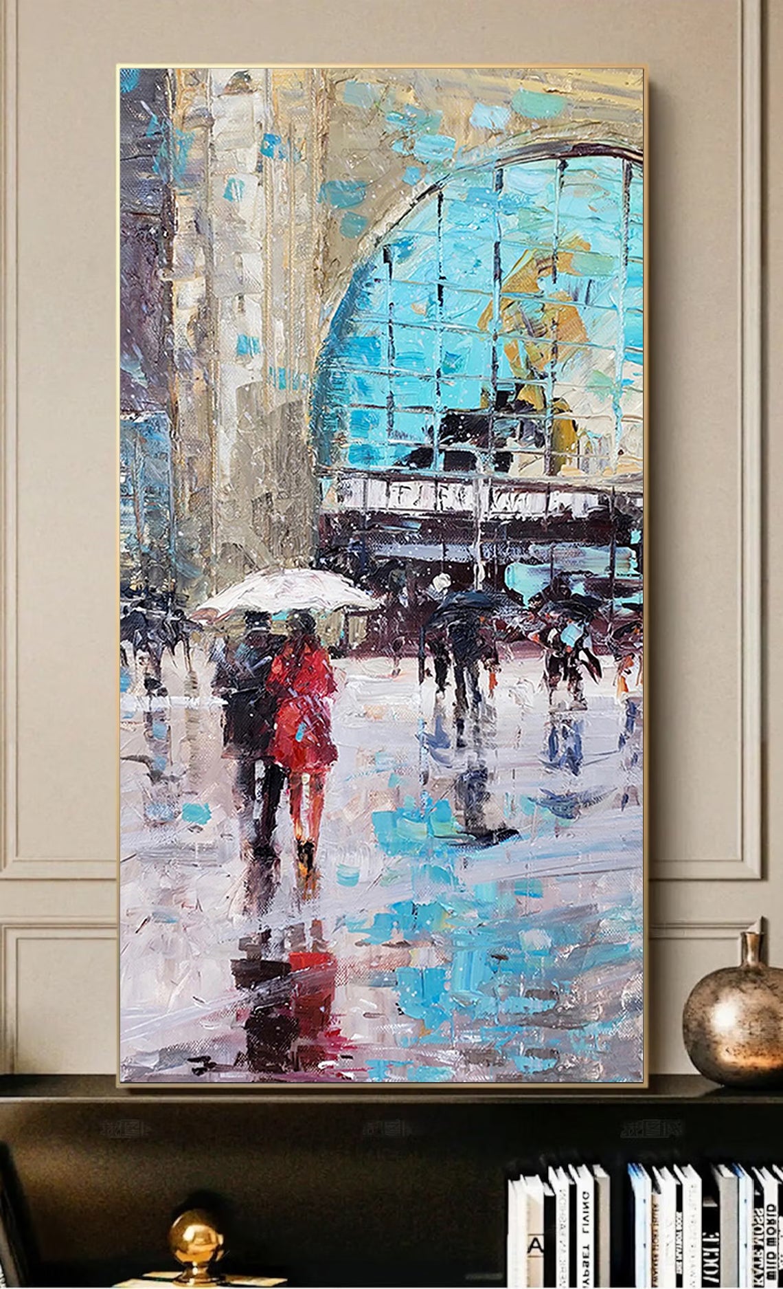 a painting of people walking in the rain with an umbrella