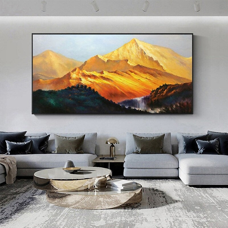 a living room with a large painting on the wall