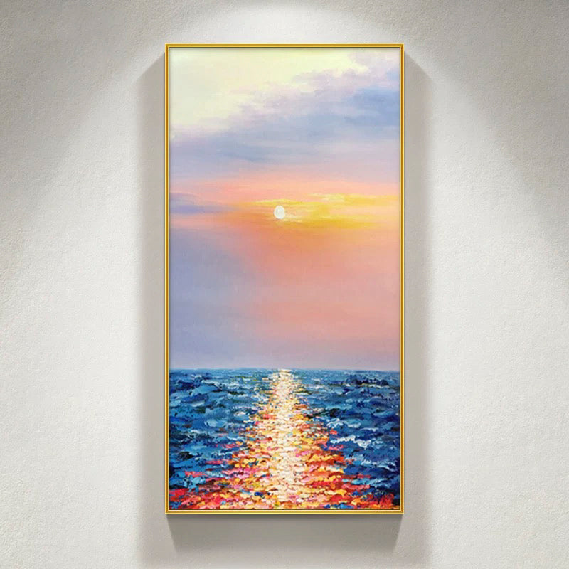 a painting of a sunset over a body of water