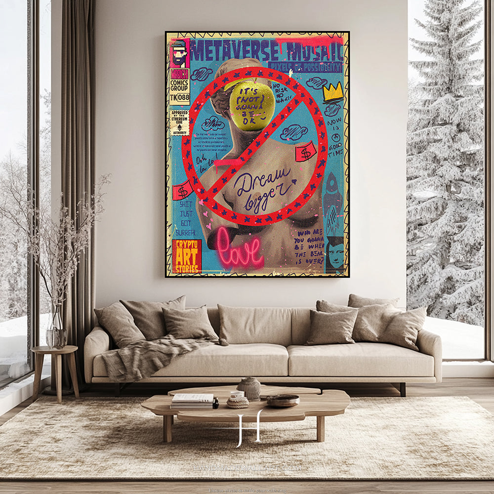 a living room with a couch and a painting on the wall