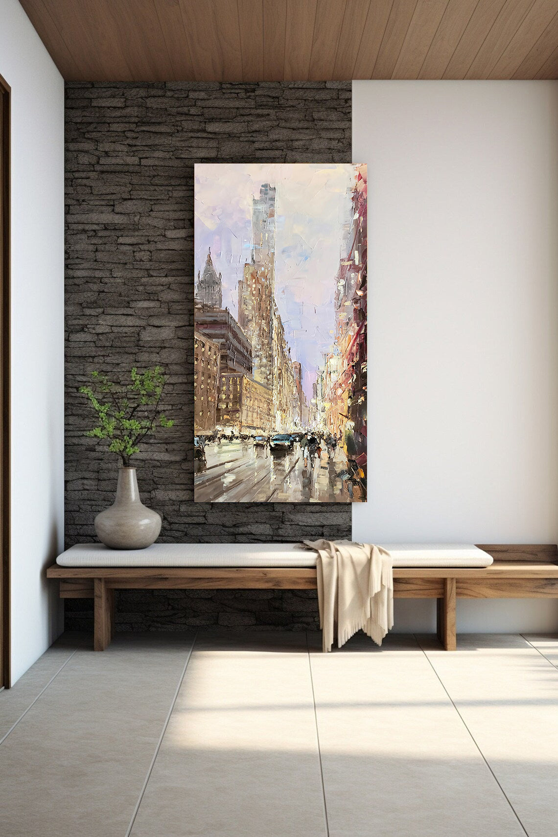 a painting of a city street with a bench in front of it