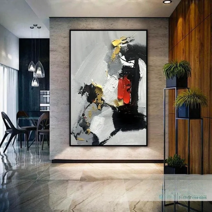 a modern art piece with a large abstract painting on the wall, surrounded by a dining area with chairs and potted plants.