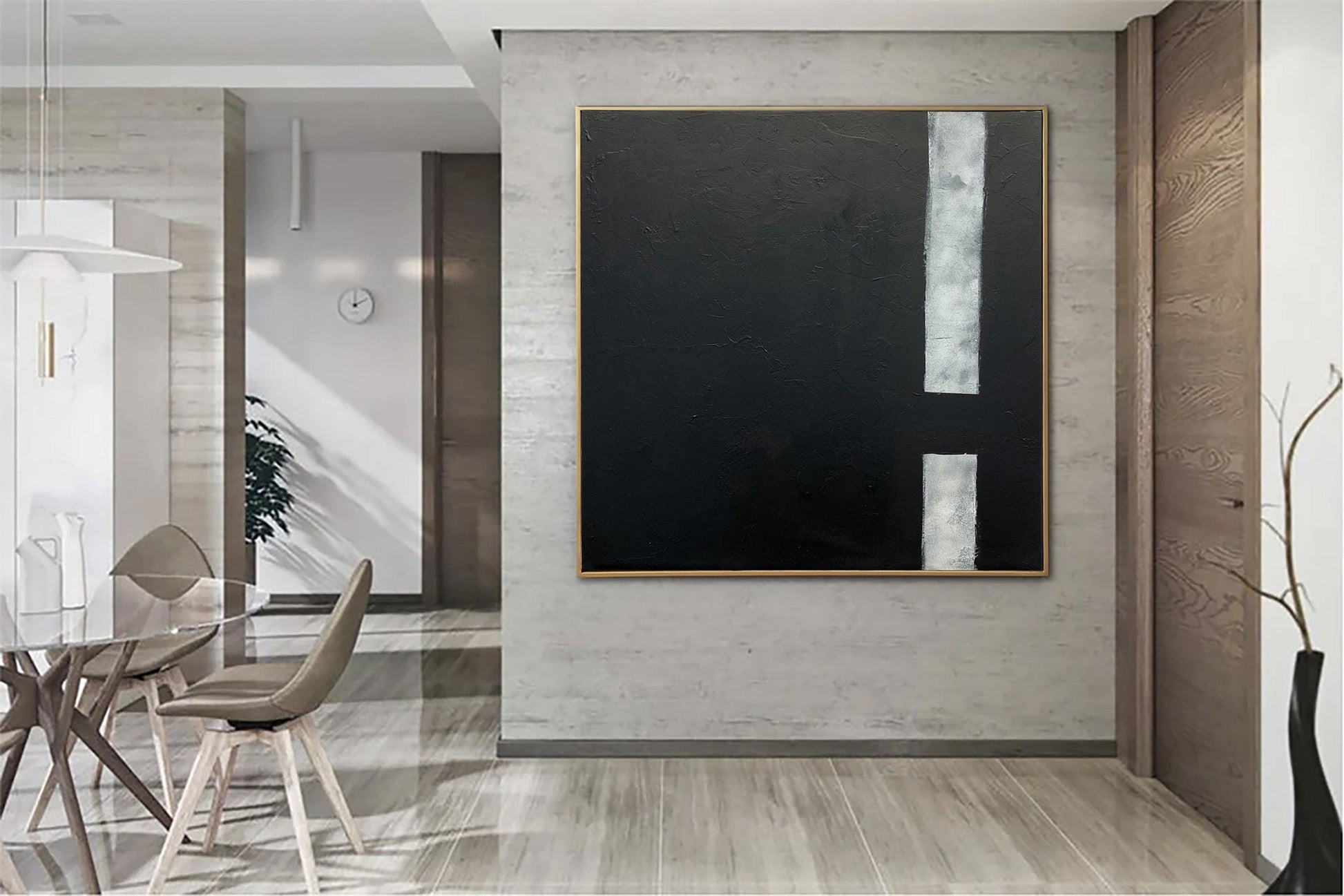 a dining room with a table, chairs and a painting on the wall