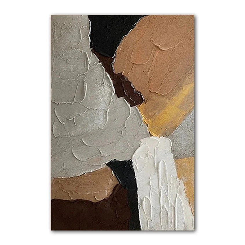 The image is an abstract painting featuring a variety of textures and colors, including shades of brown, white, and black.