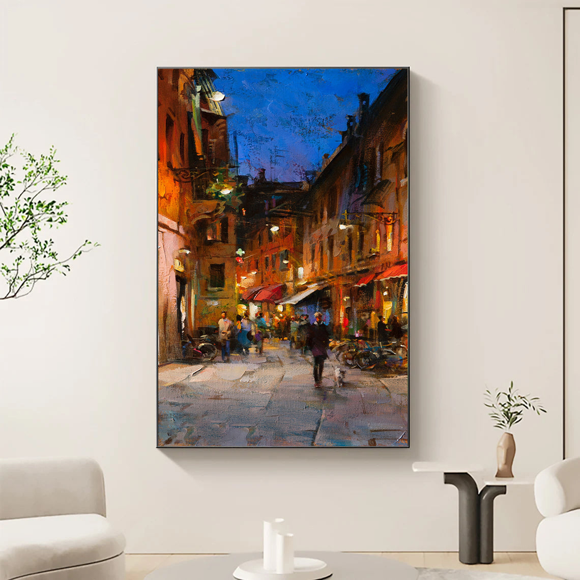 a painting of a city street at night