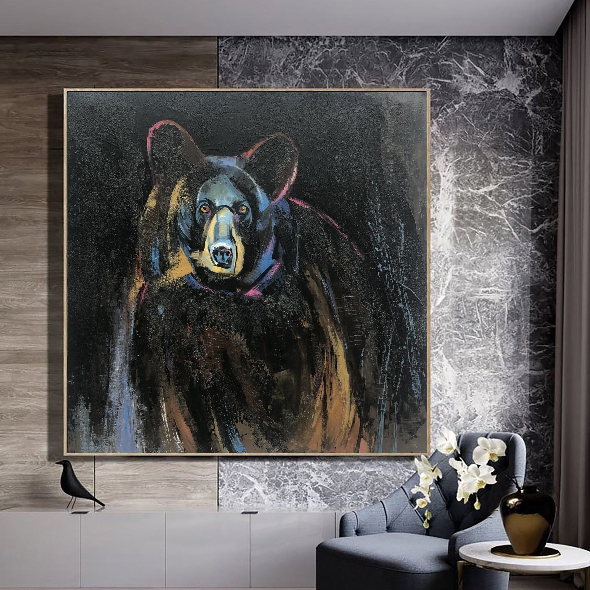 a painting of a bear in a living room