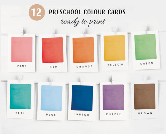 a set of twelve color cards with the words, 12 preschool color cards ready to