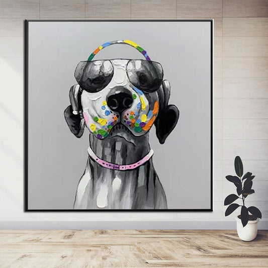 a painting of a dog wearing a pair of headphones