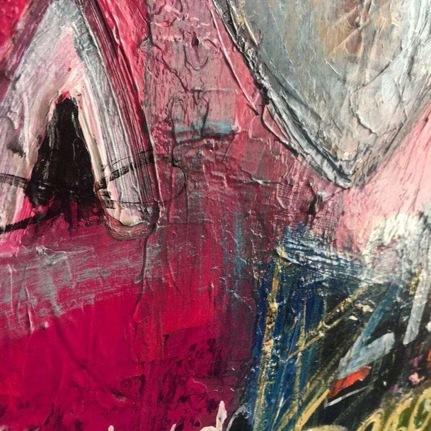 The image is an abstract painting with bold, vibrant colors and brushstrokes, creating a dynamic and expressive visual composition.