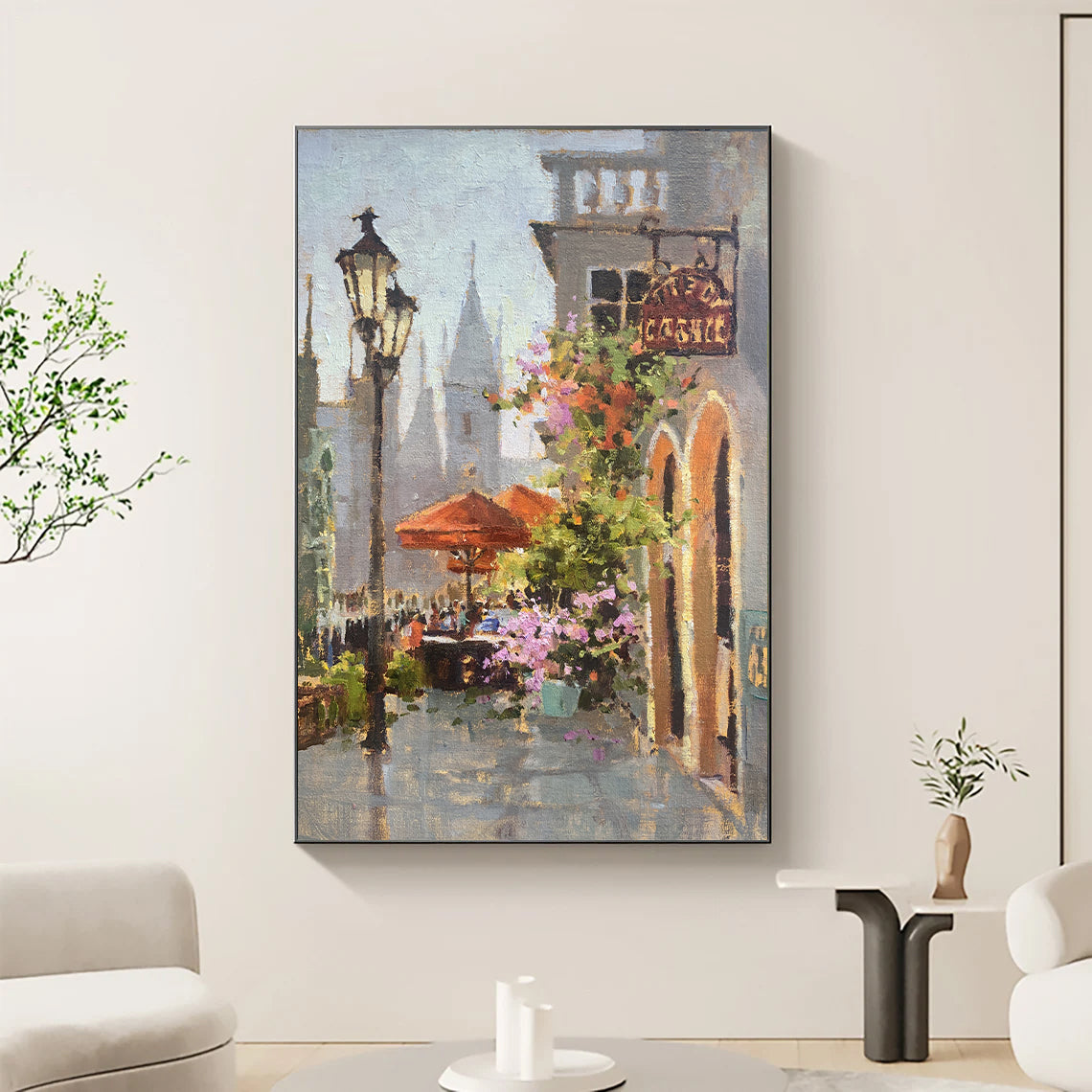 a painting of a city street with a clock tower in the background