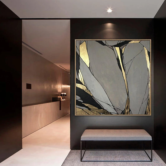 a modern and minimalist interior design with a large abstract painting on the wall, a bench, and a hallway leading to another room.
