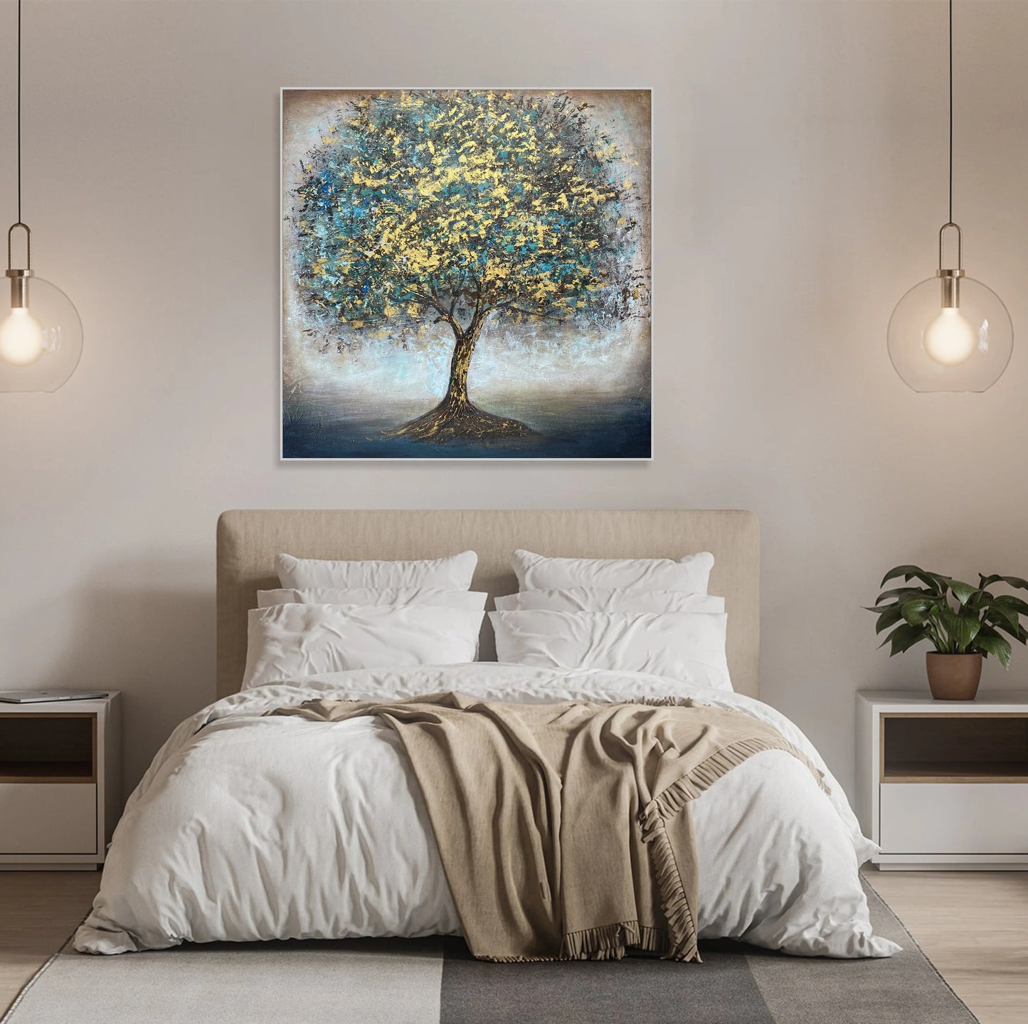 a serene bedroom scene with a large bed, a painting of a tree with yellow leaves, and two pendant lights hanging above the bed.