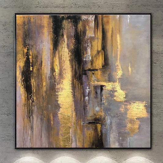 The image is an abstract painting with a vibrant mix of colors, including shades of yellow, black, and gray. The painting features bold brushstrokes and a sense of depth and texture, creating a dynamic and visually striking composition.