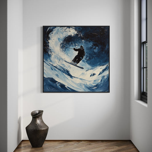 a painting of a snowboarder riding a wave