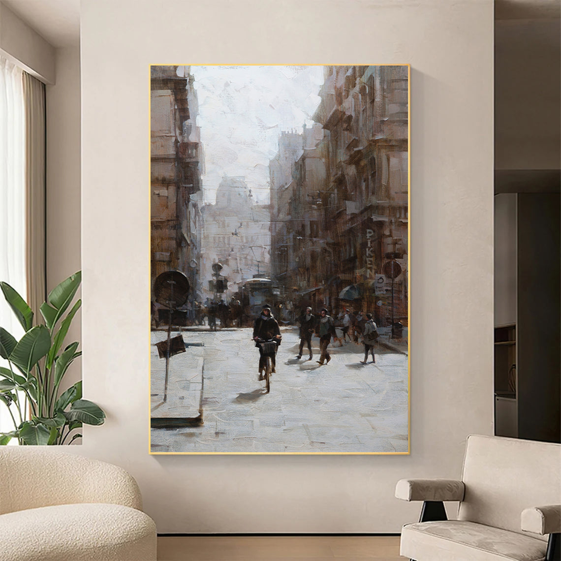 a painting of people walking down a city street