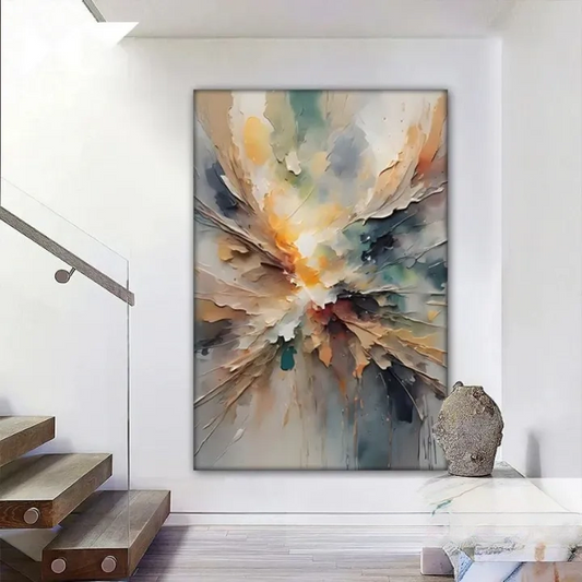 a large abstract painting hanging on a white wall, with a staircase and a stone sculpture visible in the foreground.