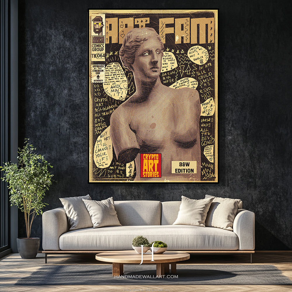 a living room with a couch and a painting on the wall