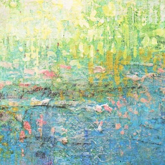The image is a vibrant, abstract painting featuring a lush, colorful landscape with a variety of shapes, textures, and hues.