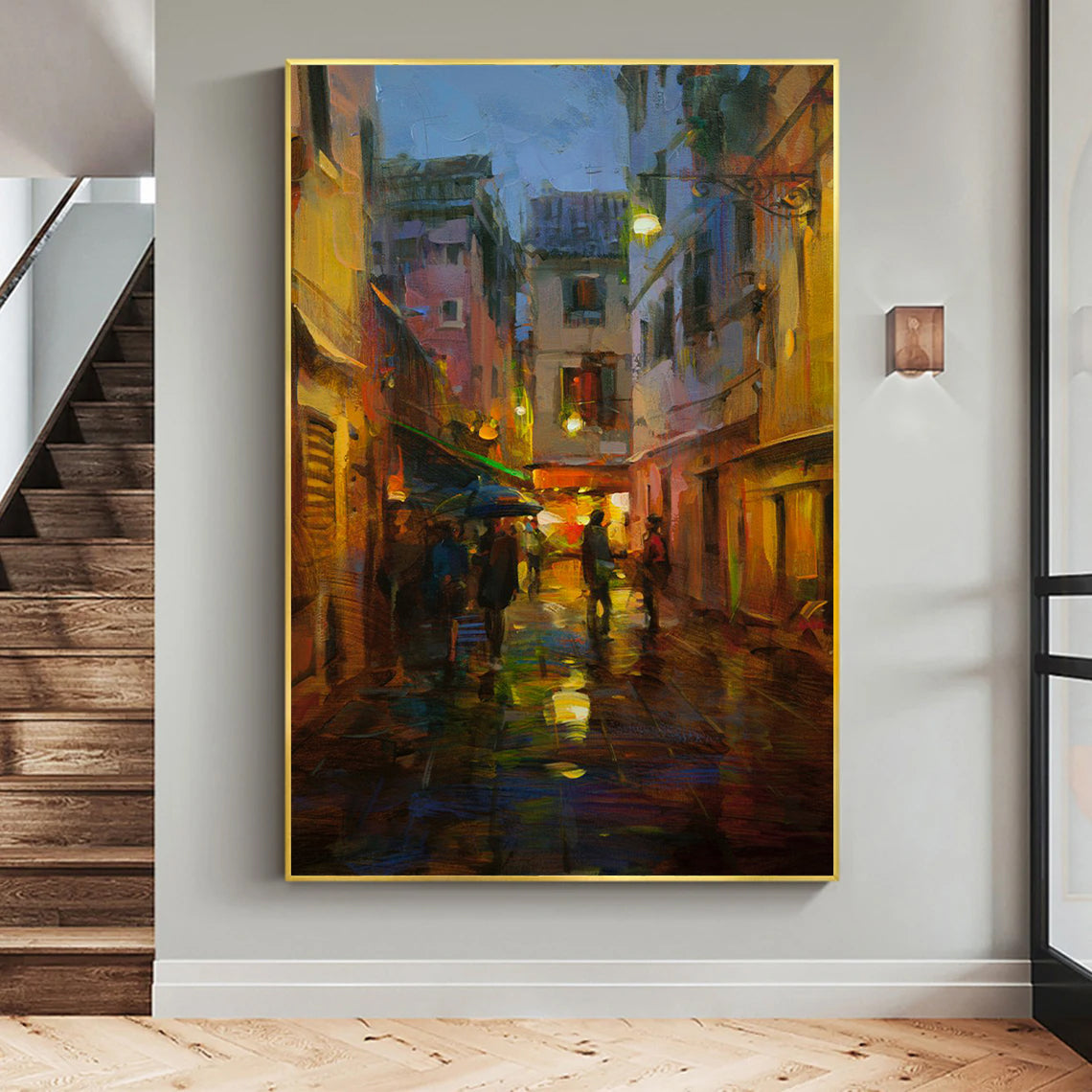 a painting of a city street at night