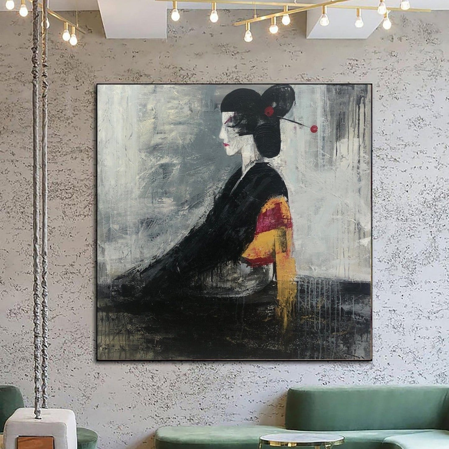 a large abstract painting of a woman in a black and red outfit, with a black headdress and red flowers, hanging on a wall.