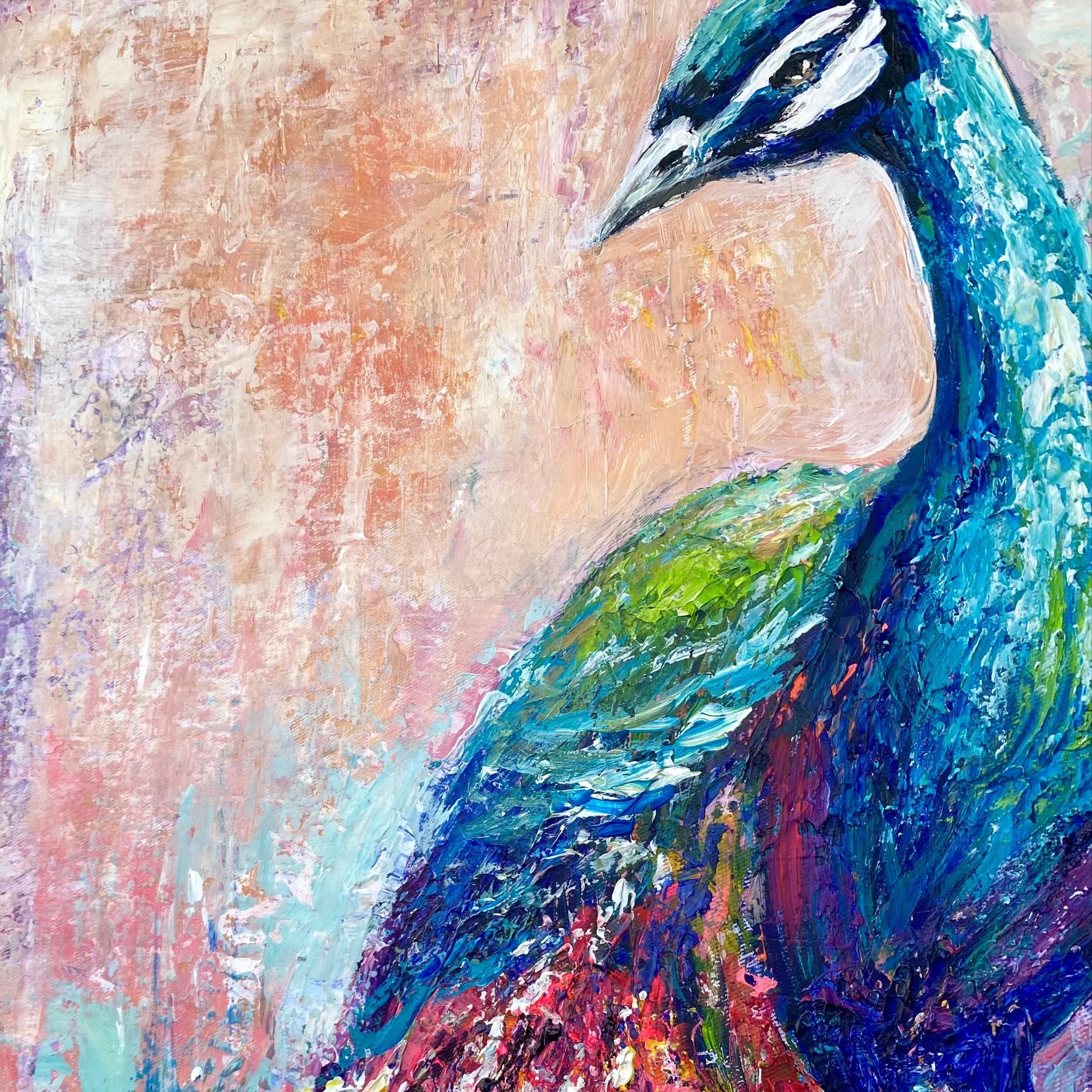 The image is a vibrant and colorful painting depicting a peacock, with its feathers in shades of blue, green, and red. The painting showcases the intricate details and patterns of the peacock's plumage, creating a visually striking and captivating piece of art.