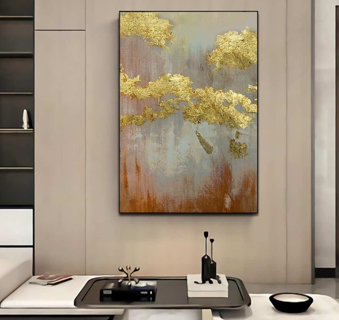 a painting hanging on a wall in a living room