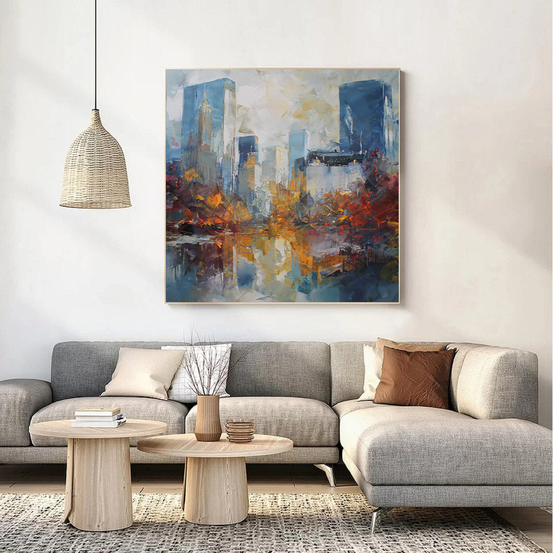 a living room with a large painting on the wall