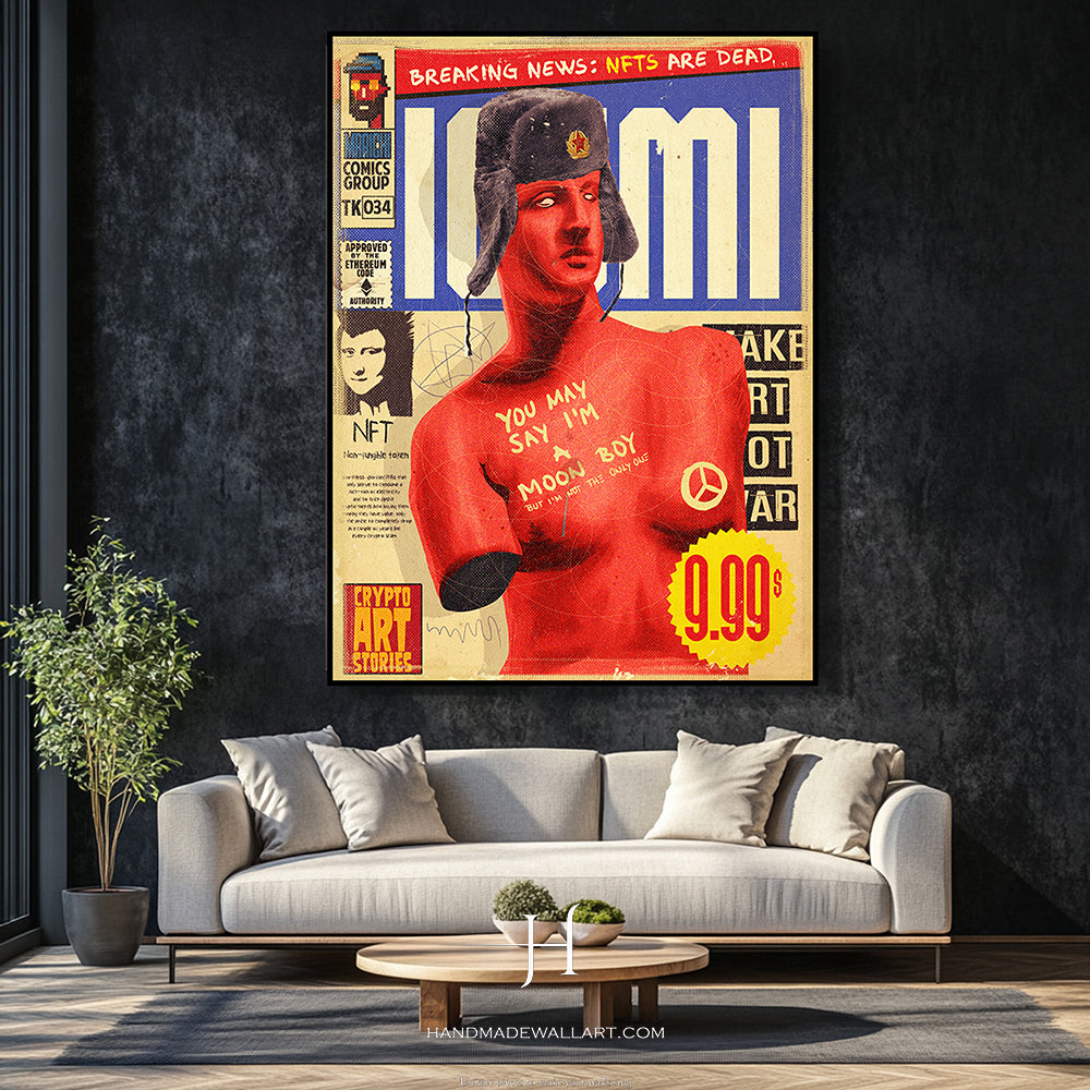 a living room with a couch and a painting on the wall