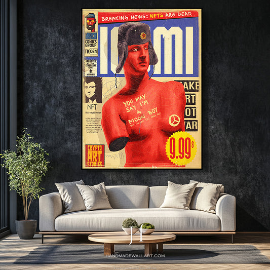 a living room with a couch and a painting on the wall