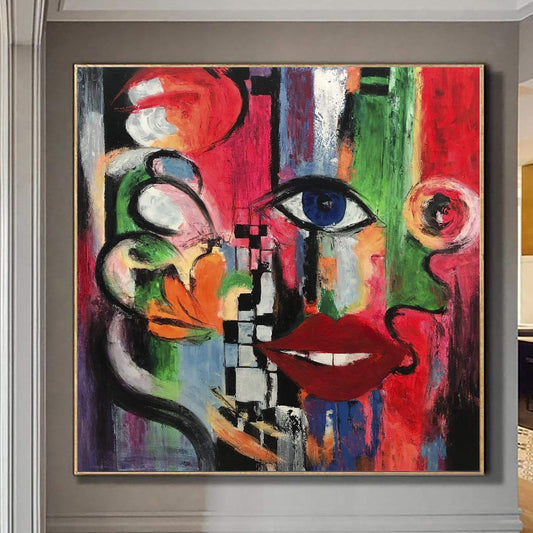 The image is a large, colorful abstract painting hanging on a wall.