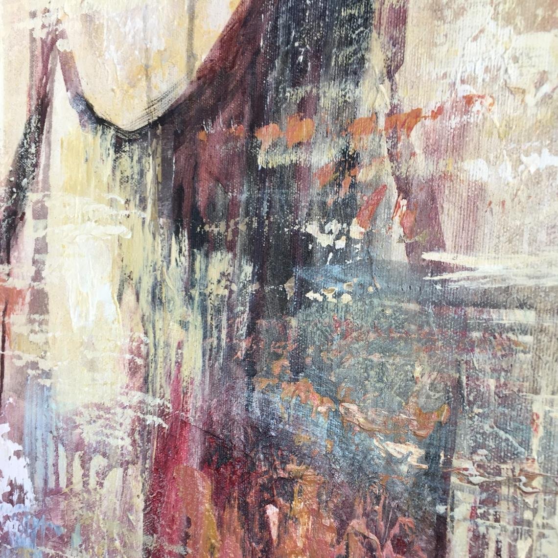 The image is an abstract painting with a mix of colors and textures, including red, blue, and yellow. The painting appears to be a large canvas with a textured surface, giving it a dynamic and expressive appearance.