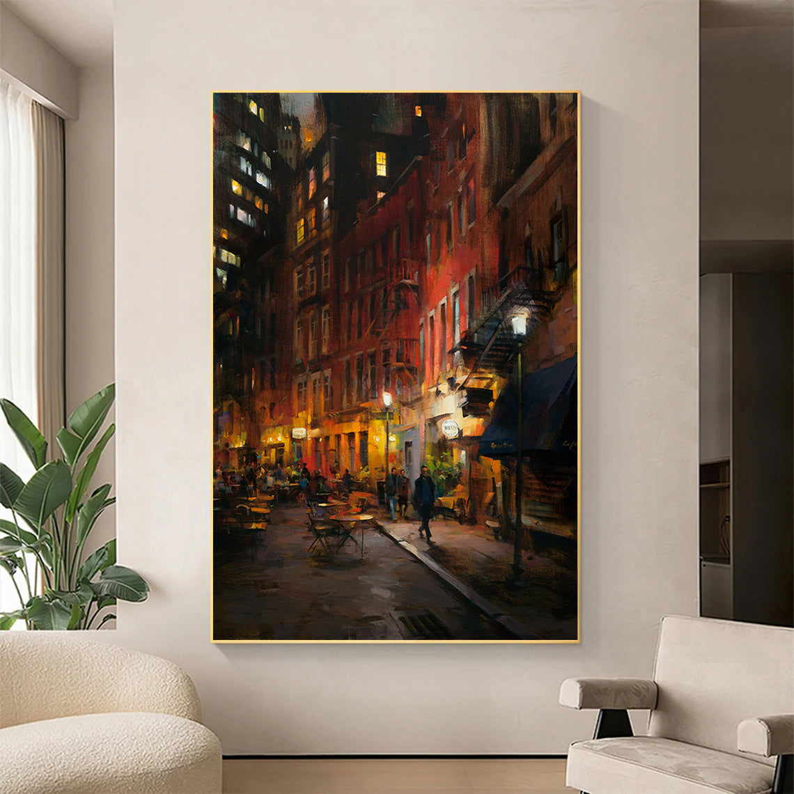 a painting of a city street at night