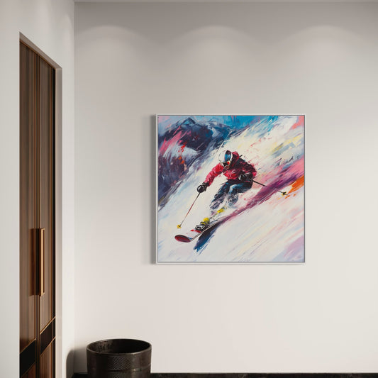 a painting of a skier is hanging on the wall