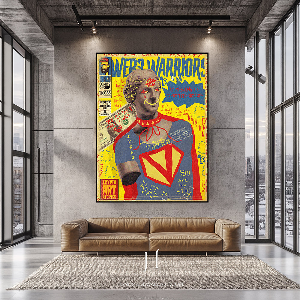 a living room with a couch and a poster on the wall