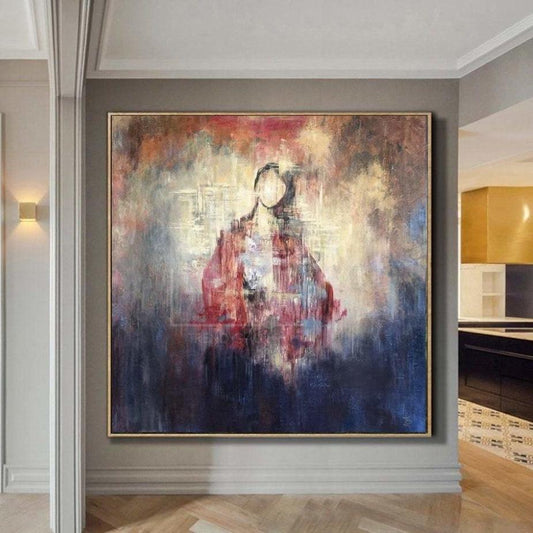 a large, colorful abstract painting hanging on a wall in a room.