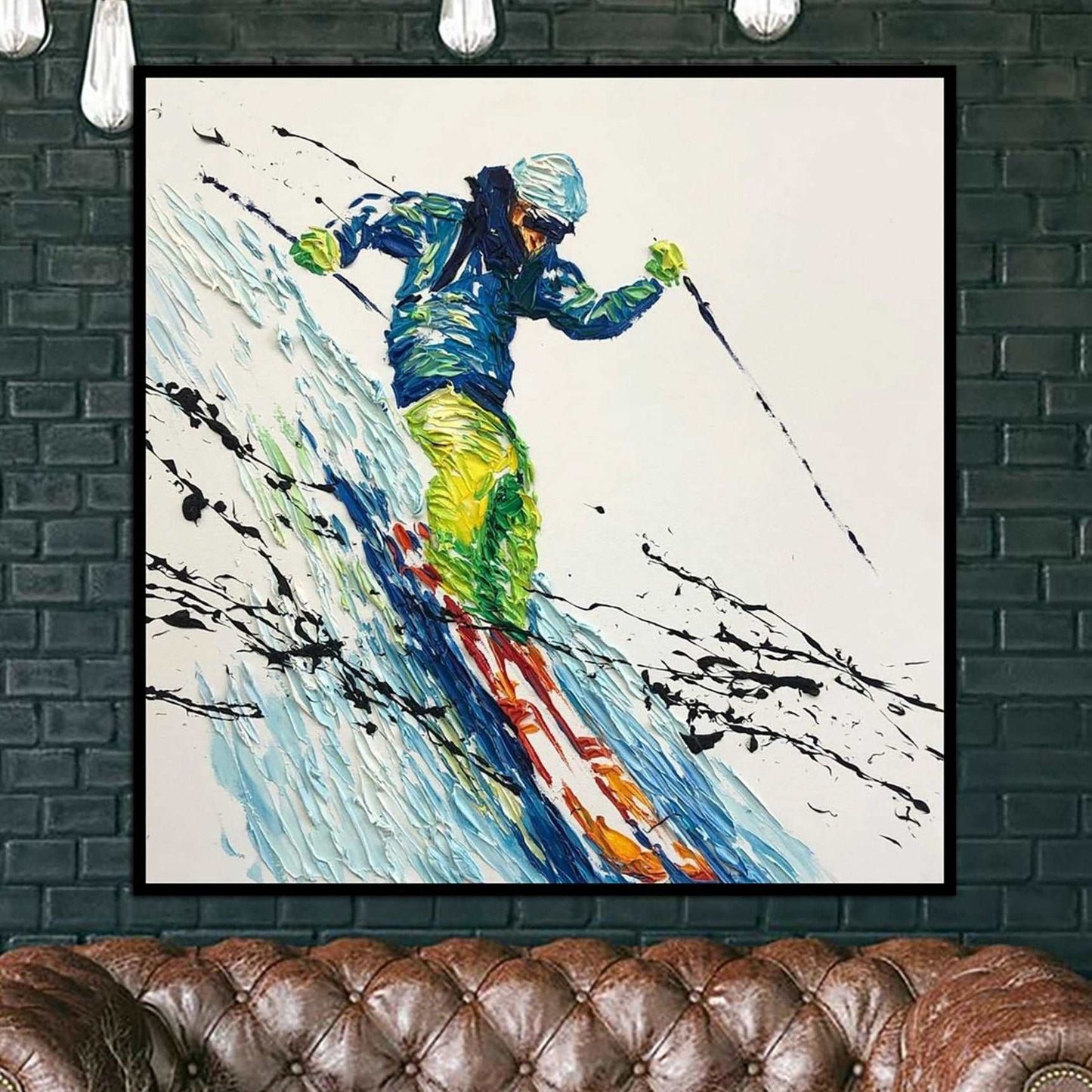 A person skiing down a snowy slope, wearing a blue jacket and yellow pants, with ski poles in hand.