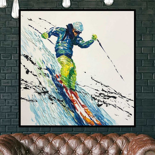 A person skiing down a snowy slope, wearing a blue jacket and yellow pants, with ski poles in hand.