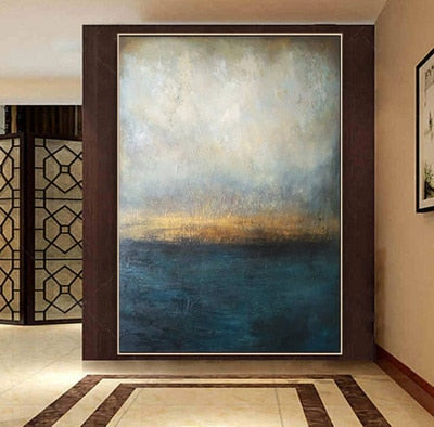 a large painting hanging on the side of a wall