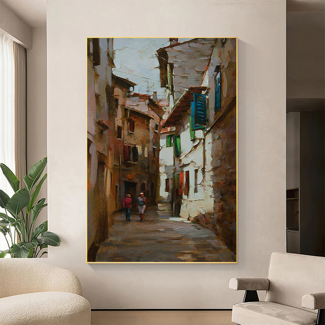 a painting of two people walking down a street