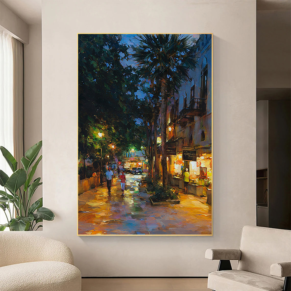 a painting of a city street at night